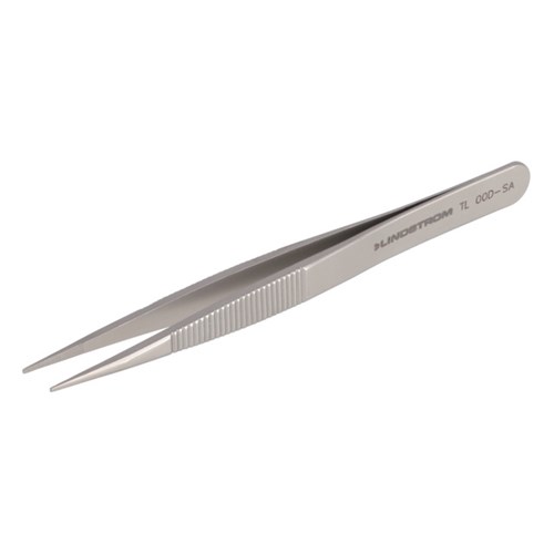 Lindstrom 00D-SA Stainless Micro Precision Tweezers - Anti-Acid Anti-Mag Body - Serrated Handles - Straight - Thick - Line Serrated - Superior Finish Tips - 4.72" (120 mm)