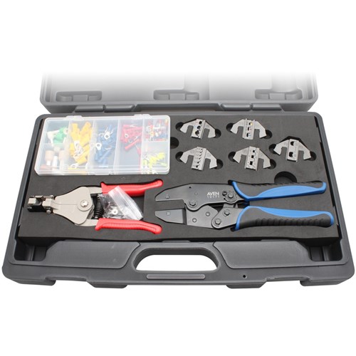 Aven 10171-KIT Deluxe Crimping Tool Kit - Frame - 5 Dies - Wire Stripper - And 148 Pc Connector Set