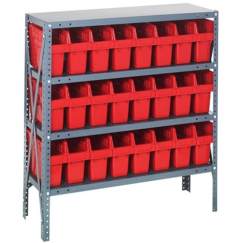 Quantum 1239-SB801RD - 4 Shelf Heavy-Duty Shelving Unit w/(24) Red Bins - 12" x 36" x 39"