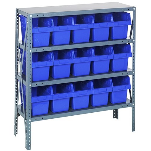 Quantum 1239-SB802BL - 4 Shelf Heavy-Duty Shelving Unit w/(15) Blue Bins - 12" x 36" x 39"