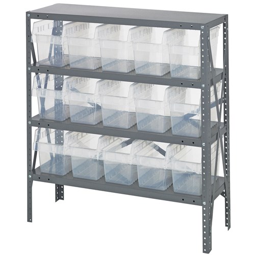 Quantum 1239-SB802CL - 4 Shelf Heavy-Duty Shelving Unit w/(15) Clear Bins - 12" x 36" x 39"