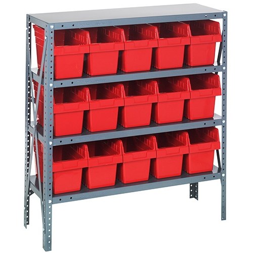 Quantum 1239-SB802RD - 4 Shelf Heavy-Duty Shelving Unit w/(15) Red Bins - 12" x 36" x 39"