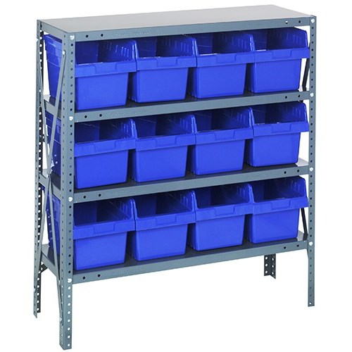 Quantum 1239-SB807BL - 4 Shelf Heavy-Duty Shelving Unit w/(12) Blue Bins - 12" x 36" x 39"