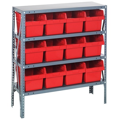 Quantum 1239-SB807RD - 4 Shelf Heavy-Duty Shelving Unit w/(12) Red Bins - 12" x 36" x 39"