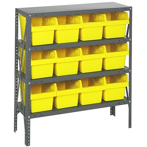 Quantum 1239-SB807YL - 4 Shelf Heavy-Duty Shelving Unit w/(12) Yellow Bins - 12" x 36" x 39"