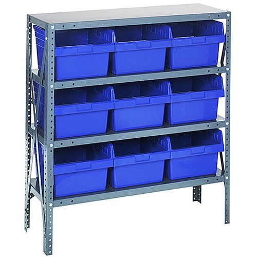 Quantum 1239-SB809BL - 4 Shelf Heavy-Duty Shelving Unit w/(9) Blue Bins - 12" x 36" x 39"