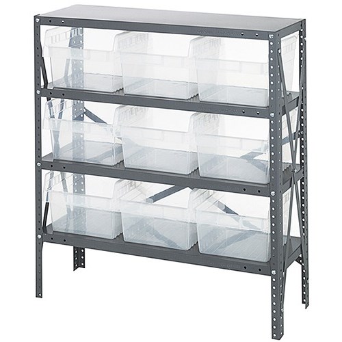 Quantum 1239-SB809CL - 4 Shelf Heavy-Duty Shelving Unit w/(9) Clear Bins - 12" x 36" x 39"