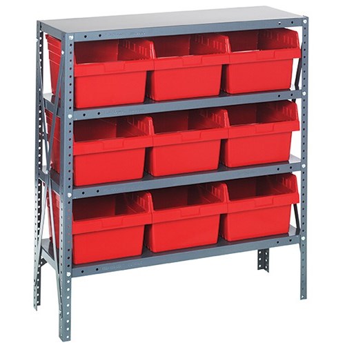 Quantum 1239-SB809RD - 4 Shelf Heavy-Duty Shelving Unit w/(9) Red Bins - 12" x 36" x 39"