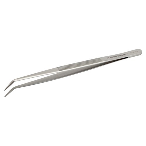 Lindstrom 124-SA Stainless Steel Tweezers - Anti-Acid Anti-Magnetic Body w/ Serrated Handles and Fine - Bent - Rhomb Serrated Tips - 150 mm - 5.91"