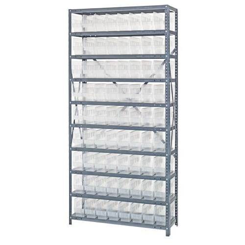 Quantum 1275-201CL - 10 Shelf Heavy-Duty Shelving Unit w/(72) Clear Bins - 12" x 36" x 75"