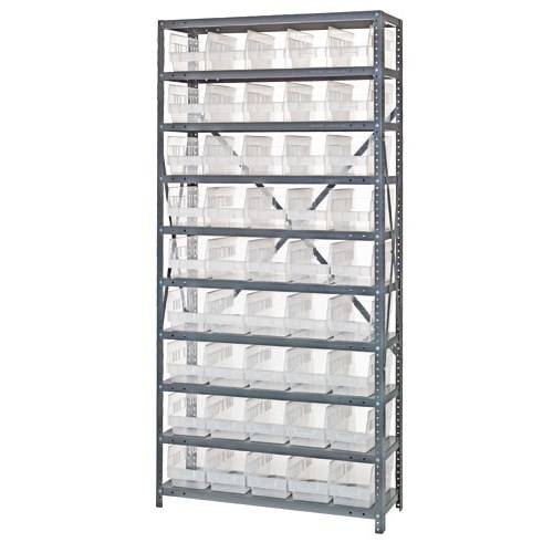 Quantum 1275-202CL - 10 Shelf Heavy-Duty Shelving Unit w/(45) Clear Bins - 12" x 36" x 75"