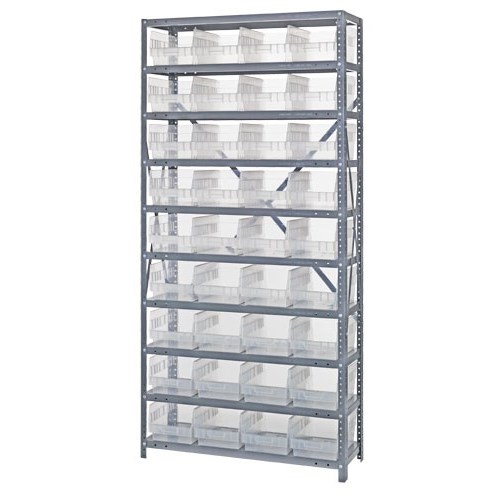 Quantum 1275-207CL - 10 Shelf Heavy-Duty Shelving Unit w/(36) Clear Bins - 12" x 36" x 75"