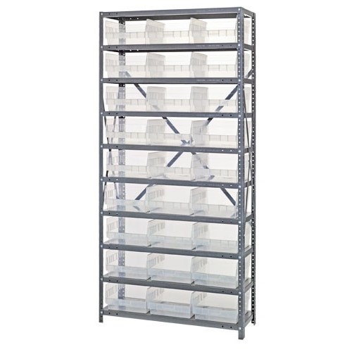 Quantum 1275-209CL - 10 Shelf Heavy-Duty Shelving Unit w/(27) Clear Bins - 12" x 36" x 75"