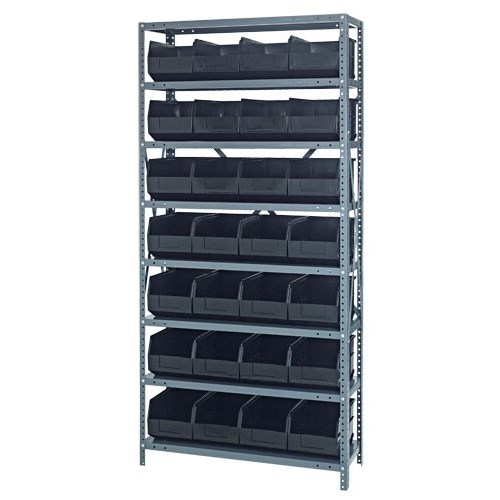 Quantum 1275-423BK - 8 Shelf Heavy-Duty Shelving Unit w/(28) Black Bins - 12" x 36" x 75"