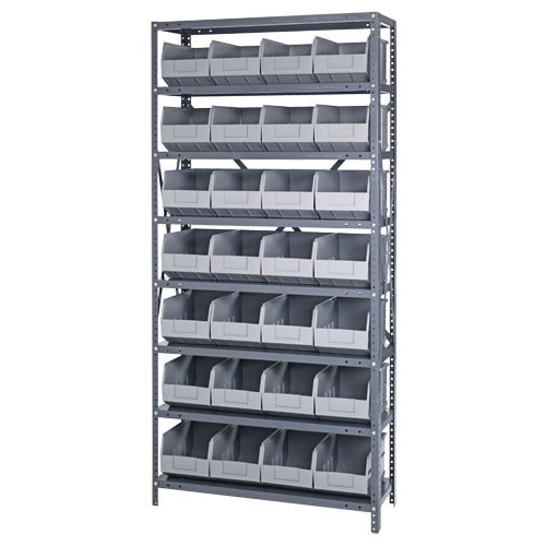 Quantum 1275-423GY - 8 Shelf Heavy-Duty Shelving Unit w/(28) Gray Bins - 12" x 36" x 75"