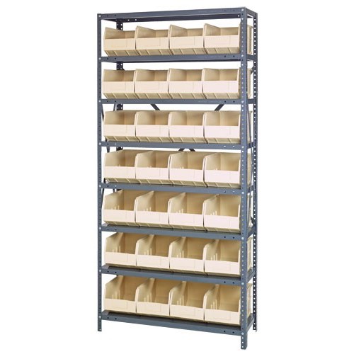 Quantum 1275-423IV - 8 Shelf Heavy-Duty Shelving Unit w/(28) Ivory Bins - 12" x 36" x 75"