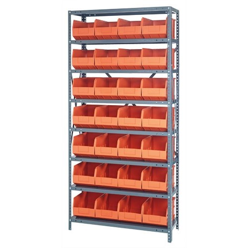 Quantum 1275-423OR - 8 Shelf Heavy-Duty Shelving Unit w/(28) Orange Bins - 12" x 36" x 75"