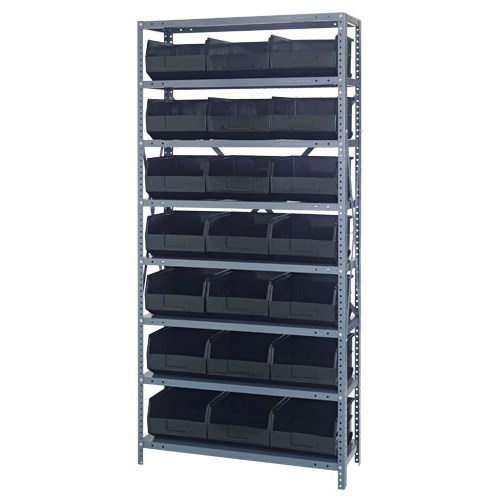 Quantum 1275-425BK - 8 Shelf Heavy-Duty Shelving Unit w/(21) Black Bins - 12" x 36" x 75"