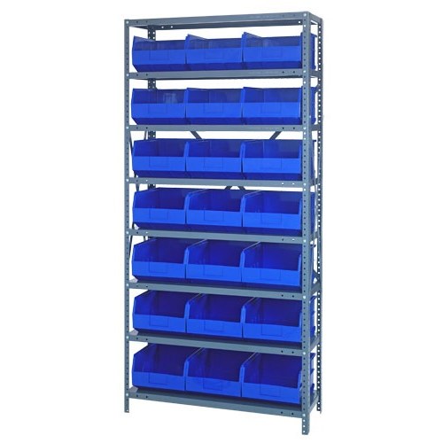 Quantum 1275-425BL - 8 Shelf Heavy-Duty Shelving Unit w/(21) Blue Bins - 12" x 36" x 75"