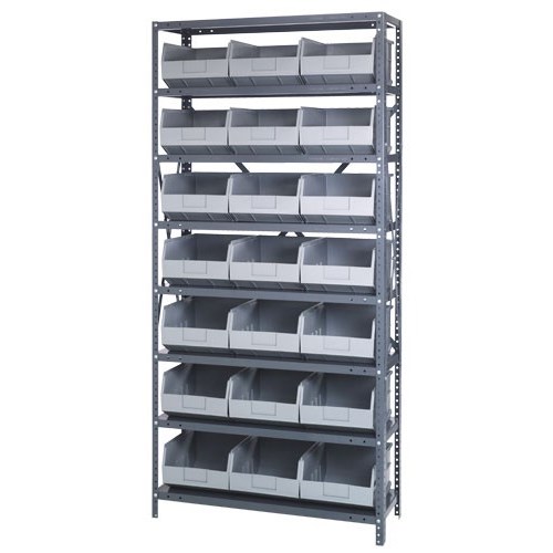 Quantum 1275-425GY - 8 Shelf Heavy-Duty Shelving Unit w/(21) Gray Bins - 12" x 36" x 75"