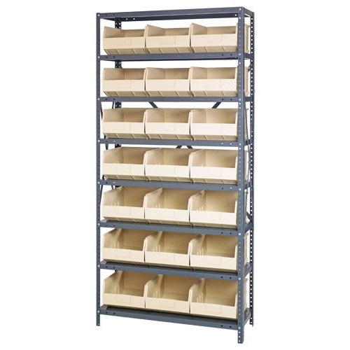 Quantum 1275-425IV - 8 Shelf Heavy-Duty Shelving Unit w/(21) Ivory Bins - 12" x 36" x 75"