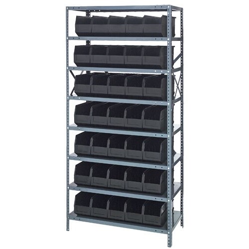 Quantum 1275-441BK - 8 Shelf Heavy-Duty Shelving Unit w/(35) Black Bins - 12" x 36" x 75"