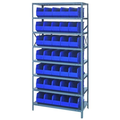 Quantum 1275-441BL - 8 Shelf Heavy-Duty Shelving Unit w/(35) Blue Bins - 12" x 36" x 75"