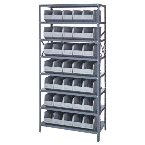 Quantum 1275-441GY - 8 Shelf Heavy-Duty Shelving Unit w/(35) Gray Bins - 12" x 36" x 75"