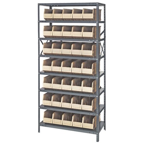 Quantum 1275-441IV - 8 Shelf Heavy-Duty Shelving Unit w/(35) Ivory Bins - 12" x 36" x 75"