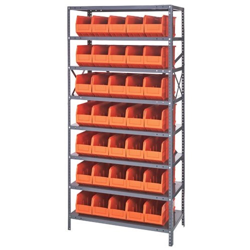 Quantum 1275-441OR - 8 Shelf Heavy-Duty Shelving Unit w/(35) Orange Bins - 12" x 36" x 75"