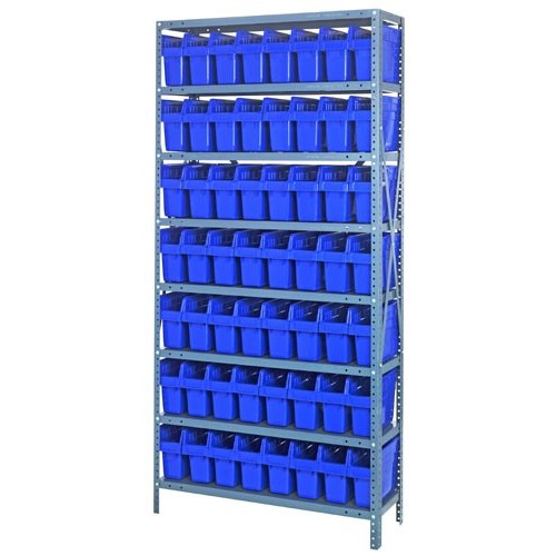 Quantum 1275-SB801BL - 8 Shelf Heavy-Duty Shelving Unit w/(56) Blue Bins - 12" x 36" x 75"