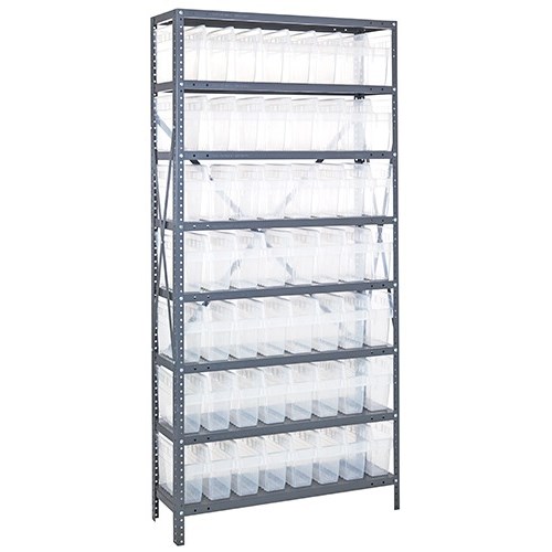 Quantum 1275-SB801CL - 8 Shelf Heavy-Duty Shelving Unit w/(56) Clear Bins - 12" x 36" x 75"