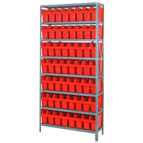 Quantum 1275-SB801RD - 8 Shelf Heavy-Duty Shelving Unit w/(56) Red Bins - 12" x 36" x 75"