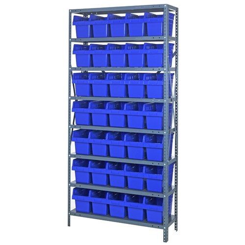 Quantum 1275-SB802BL - 8 Shelf Heavy-Duty Shelving Unit w/(35) Blue Bins - 12" x 36" x 75"