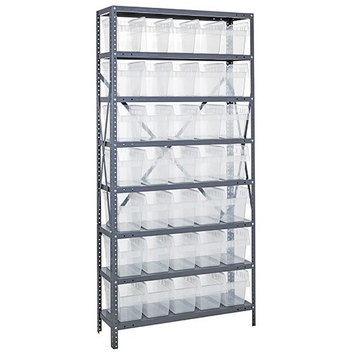 Quantum 1275-SB802CL - 8 Shelf Heavy-Duty Shelving Unit w/(35) Clear Bins - 12" x 36" x 75"