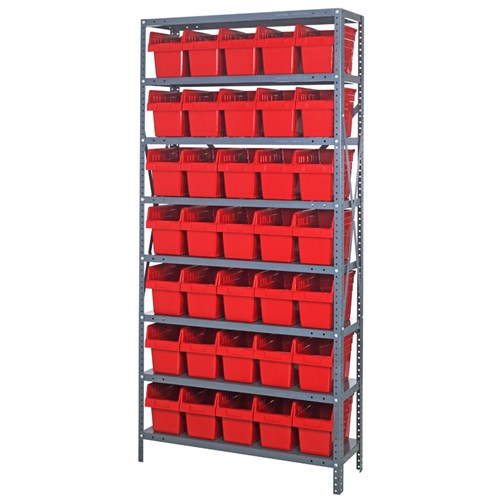 Quantum 1275-SB802RD - 8 Shelf Heavy-Duty Shelving Unit w/(35) Red Bins - 12" x 36" x 75"