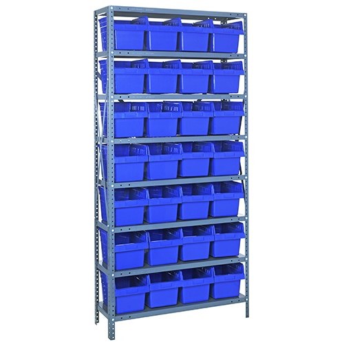 Quantum 1275-SB807BL - 8 Shelf Heavy-Duty Shelving Unit w/(28) Blue Bins - 12" x 36" x 75"