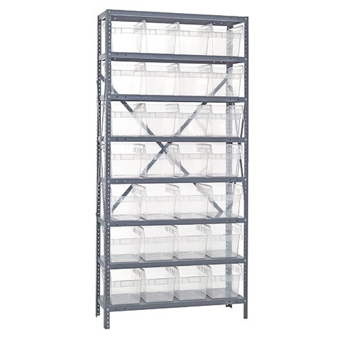 Quantum 1275-SB807CL - 8 Shelf Heavy-Duty Shelving Unit w/(28) Clear Bins - 12" x 36" x 75"