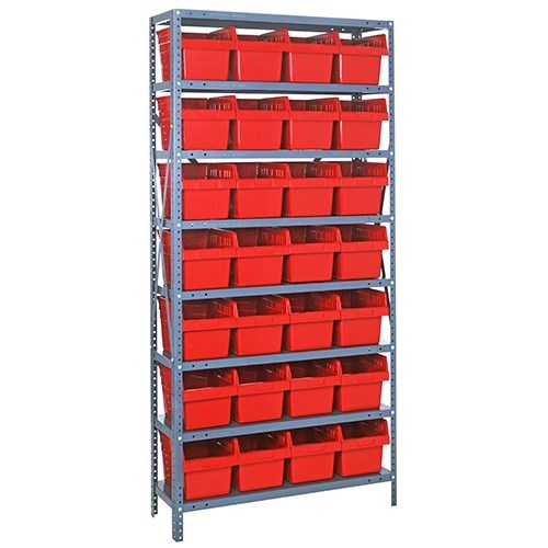 Quantum 1275-SB807RD - 8 Shelf Heavy-Duty Shelving Unit w/(28) Red Bins - 12" x 36" x 75"