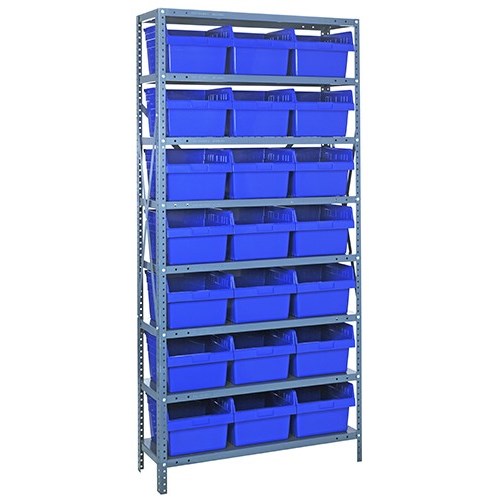 Quantum 1275-SB809BL - 8 Shelf Heavy-Duty Shelving Unit w/(21) Blue Bins - 12" x 36" x 75"