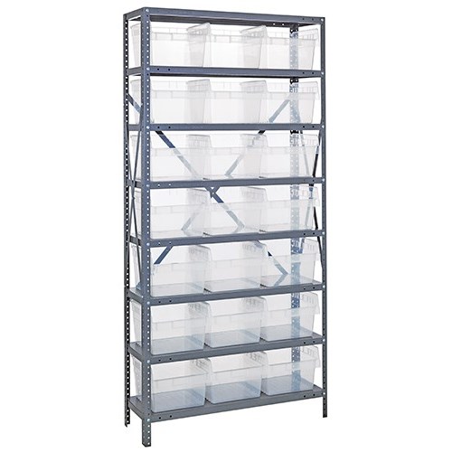 Quantum 1275-SB809CL - 8 Shelf Heavy-Duty Shelving Unit w/(21) Clear Bins - 12" x 36" x 75"