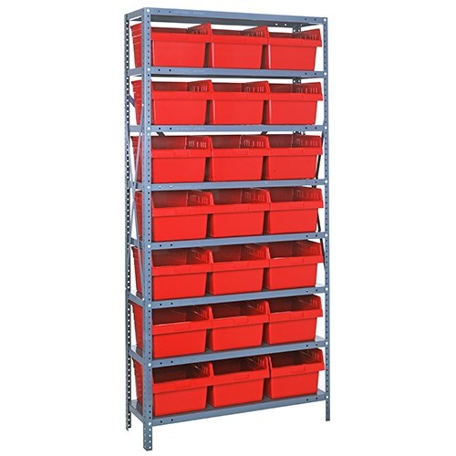 Quantum 1275-SB809RD - 8 Shelf Heavy-Duty Shelving Unit w/(21) Red Bins - 12" x 36" x 75"