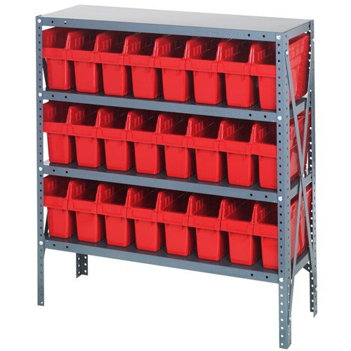 Quantum 1839-SB803RD - 4 Shelf Heavy-Duty Shelving Unit w/(24) Red Bins - 18" x 36" x 39"