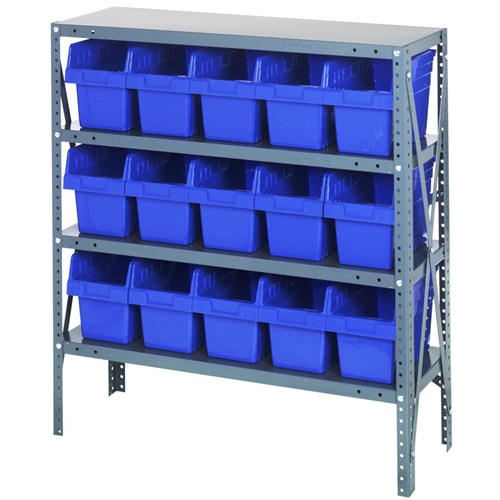 Quantum 1839-SB804BL - 4 Shelf Heavy-Duty Shelving Unit w/(15) Blue Bins - 18" x 36" x 39"