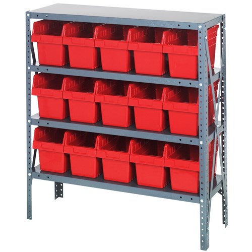 Quantum 1839-SB804RD - 4 Shelf Heavy-Duty Shelving Unit w/(15) Red Bins - 18" x 36" x 39"