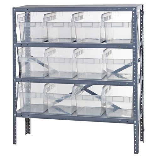 Quantum 1839-SB808CL - 4 Shelf Heavy-Duty Shelving Unit w/(12) Clear Bins - 18" x 36" x 39"