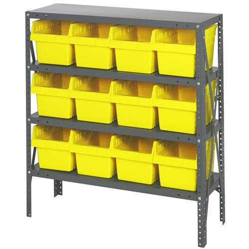 Quantum 1839-SB808YL - 4 Shelf Heavy-Duty Shelving Unit w/(12) Yellow Bins - 18" x 36" x 39"