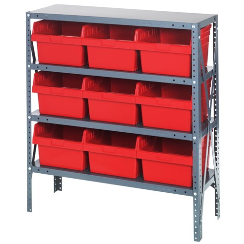 Quantum 1839-SB810RD - 4 Shelf Heavy-Duty Shelving Unit w/(9) Red Bins - 18" x 36" x 39"