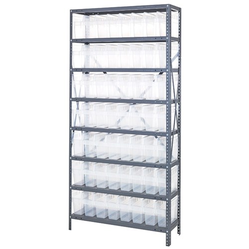 Quantum 1875-SB803CL - 8 Shelf Heavy-Duty Shelving Unit w/(56) Clear Bins - 18" x 36" x 75"