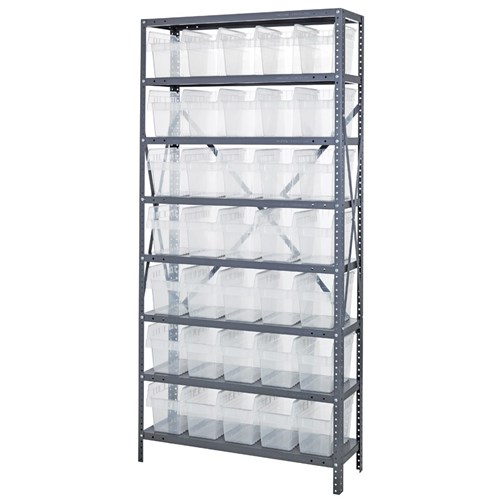 Quantum 1875-SB804CL - 8 Shelf Heavy-Duty Shelving Unit w/(35) Clear Bins - 18" x 36" x 75"